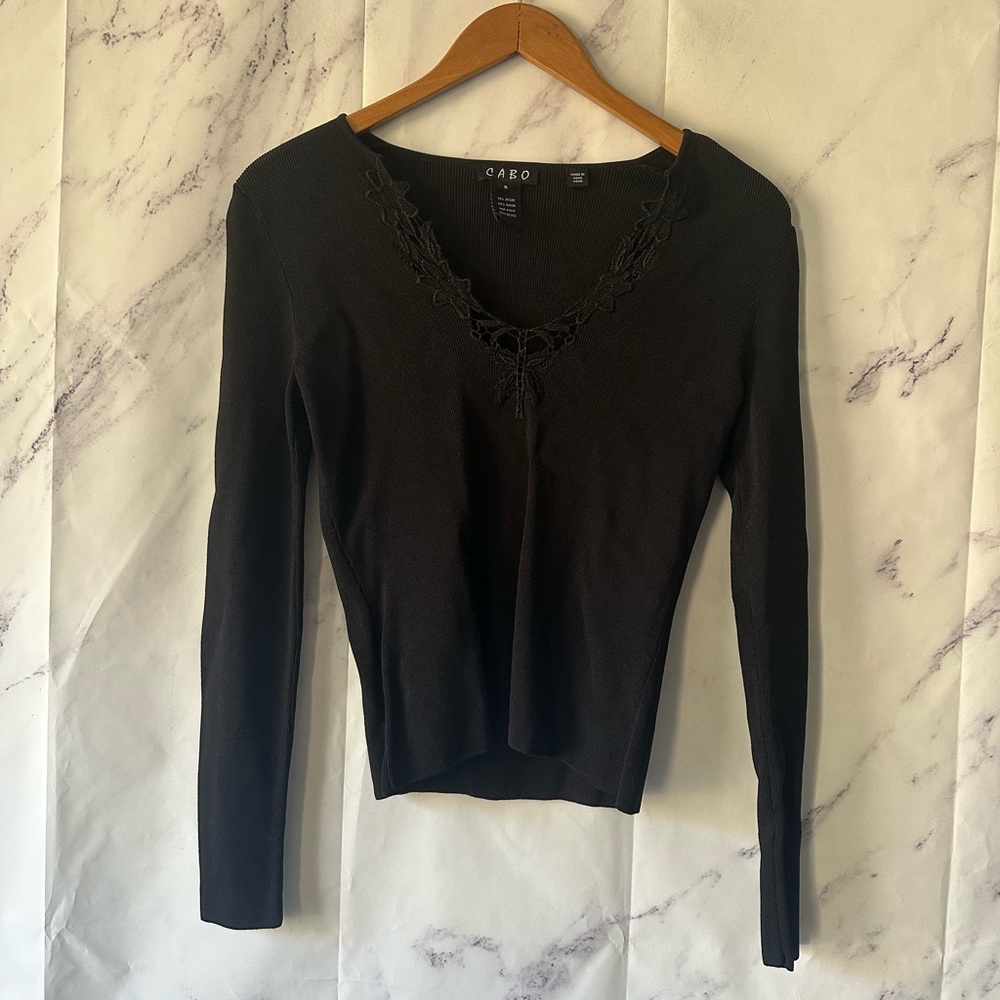 VTG 90s CABO - CROCHET DETAIL SWEATER BLACK WOMENS SMALL